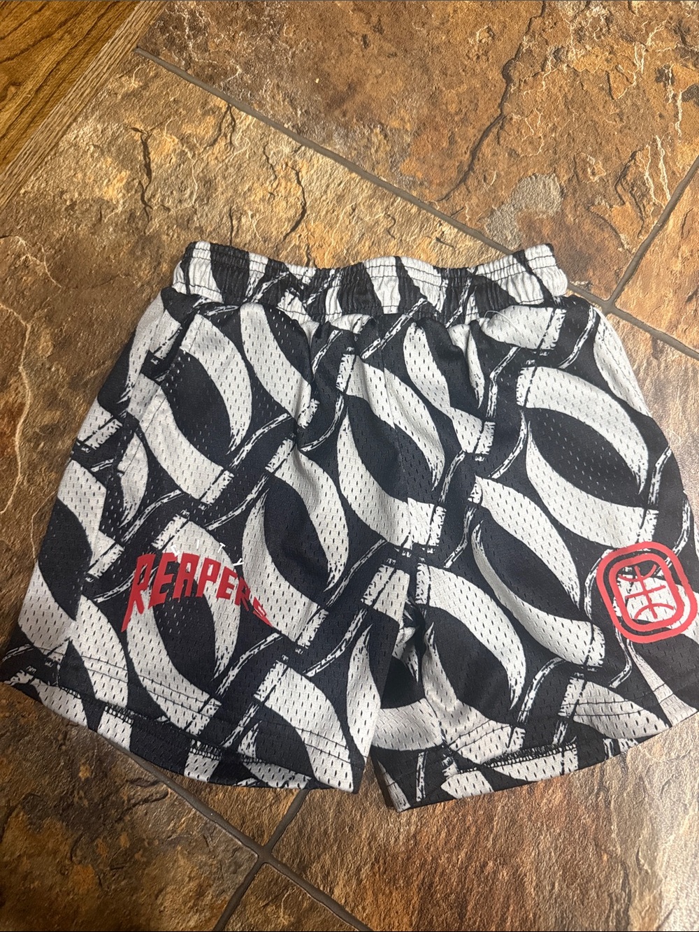 Kids Black & White Graphic Mesh Shorts with Red Accents